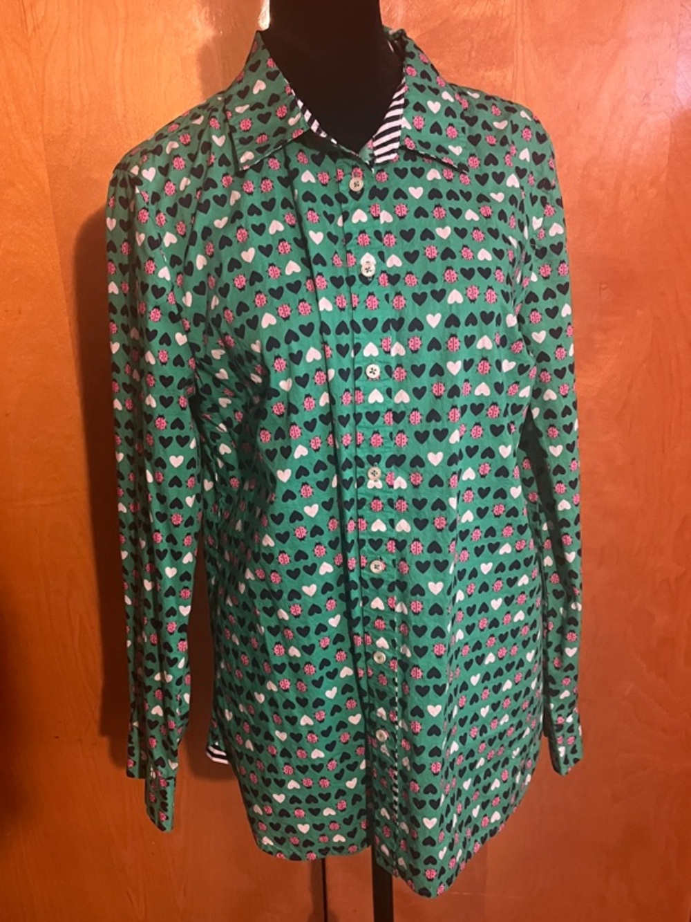Talbots Green Blouse with Pink Ladybug Print